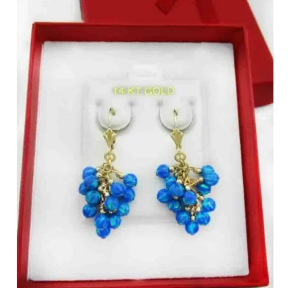 Genuine Blue Opals Dangling Earrings 14k Yellow Gold